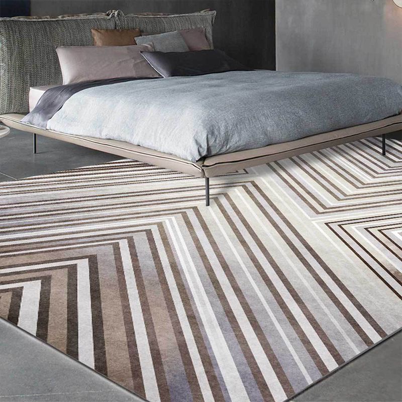 Grey Contemporary Rug Polyester Striped Pattern Rug Washable Non-Slip Backing Carpet for Living Room