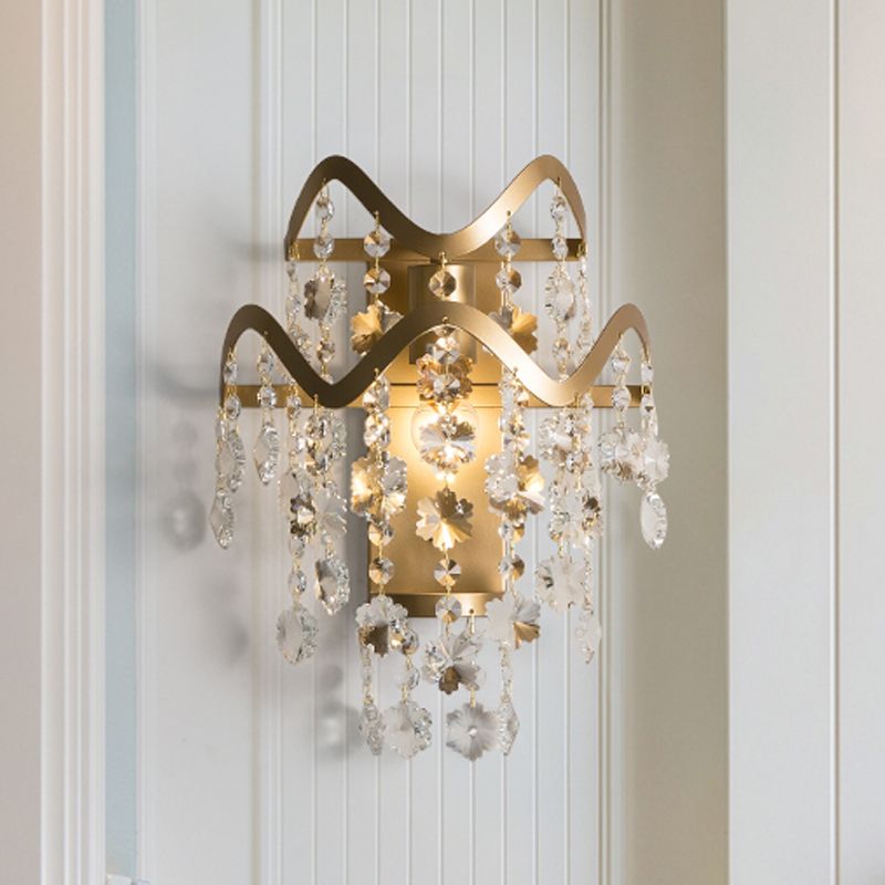 Wave Sconce Light Postmodern Metal 1 Light Gold Wall Mount Light with Flower Crystal/Shell Accent