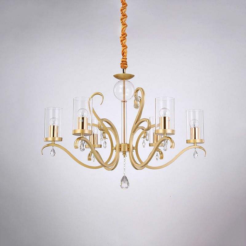 6/8-Head Tube Shade Chandelier Lamp Antiqued Gold Clear Glass Hanging Ceiling Light with K9 Crystal Accent