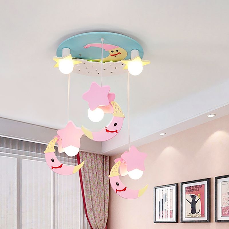 Moon and Star Wood Semi Flush Mount Cartoon 5 Lights Blue/Pink Finish Flush Ceiling Lighting