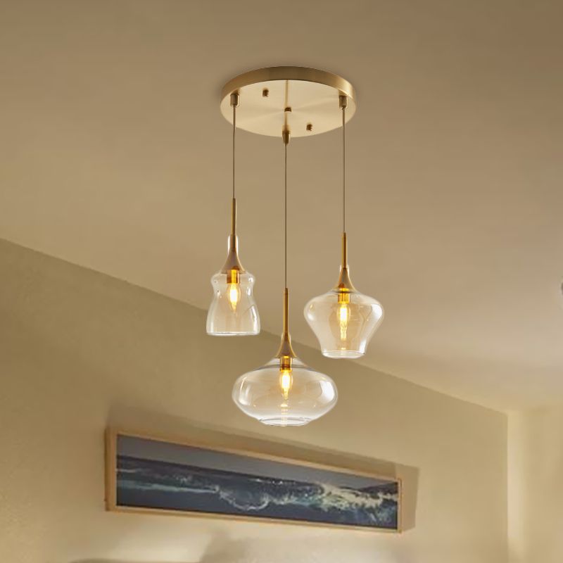 Clear/Cognac Glass Wavy Multi Ceiling Light Modernism 3 Bulbs Gold Hanging Pendant Lamp