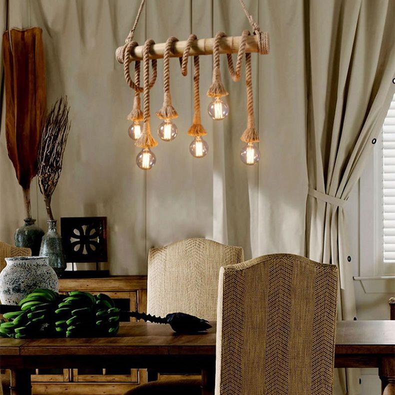 Vintage Hemp Rope Chandelier Industrial Retro Linear Exposed Bulb Bamboo Pendant for Restaurant