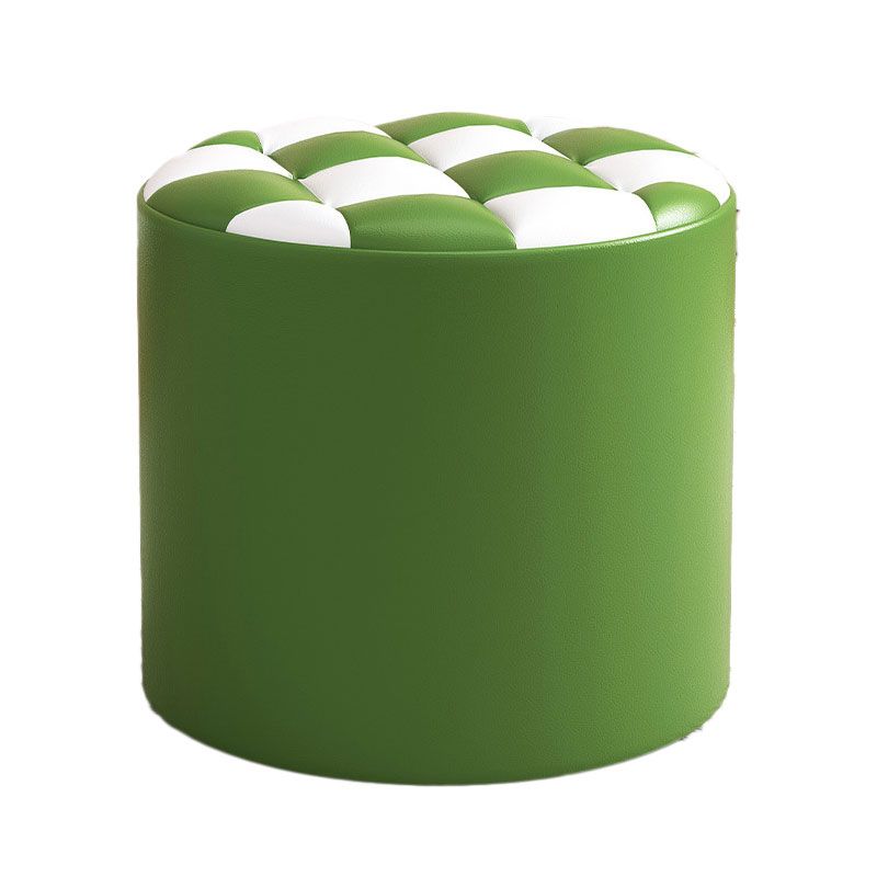 Mid-Century Modern Pouf Ottoman Faux Leather Tufted Square Pattern Round Ottoman