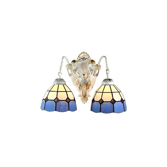 White 2 Heads Sconce Lighting Tiffany White-Blue Glass Grid Patterned Wall Mount Light