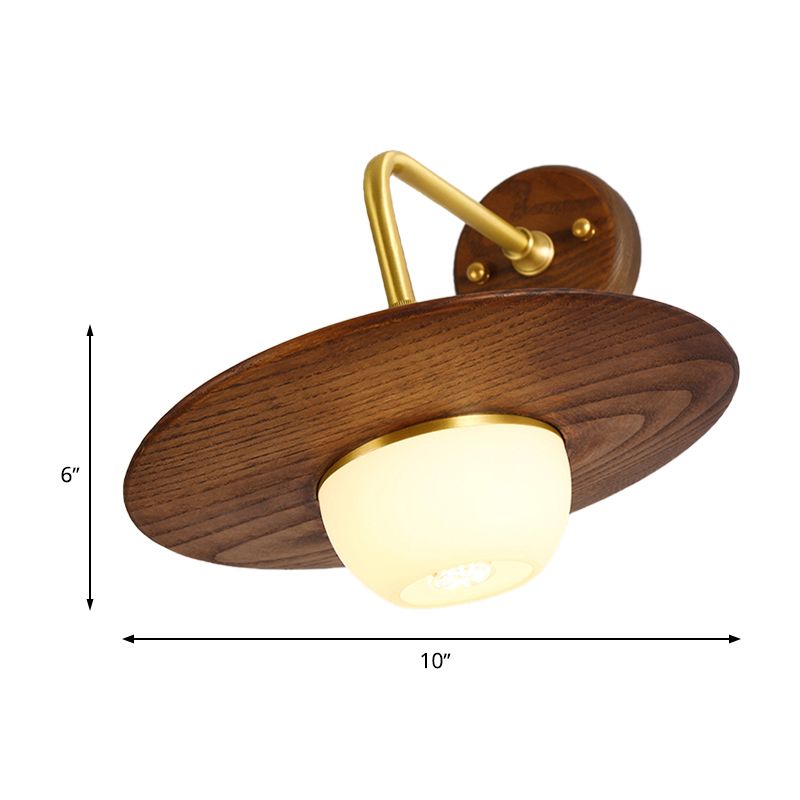 1 Light Bedroom Wall Sconce Asian Brass Wall Light Fixture with Globe Wooden Shade