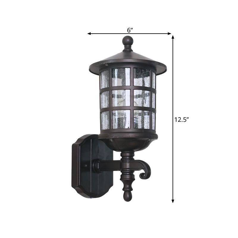 1-Light Wall Lighting Classic Lantern Clear Bubble/Crackle Glass Sconce Light in Dark Coffee for Courtyard