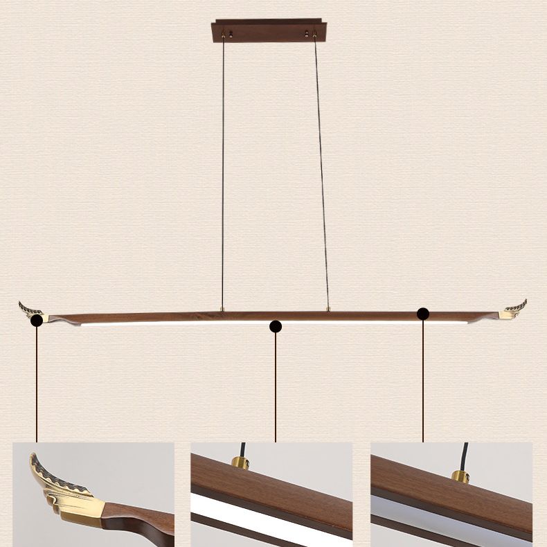 Minimalistic Linear Island Lighting Walnut Wood Tea Room LED Hanging Light in Dark Brown