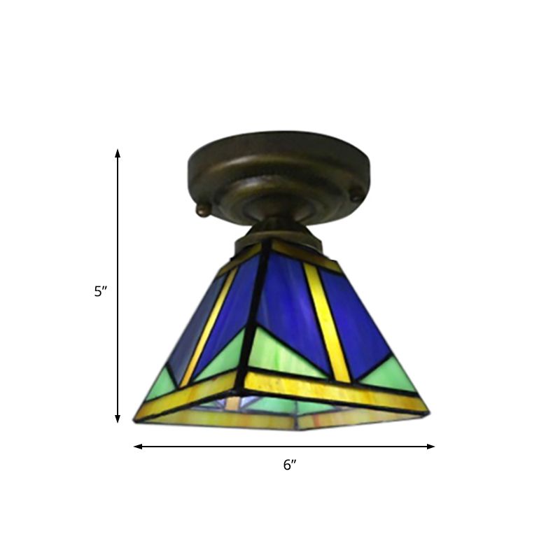 Vintage Tiffany Blue Ceiling Light Pyramid One Light Glass Small Flushmount Light for Hallway