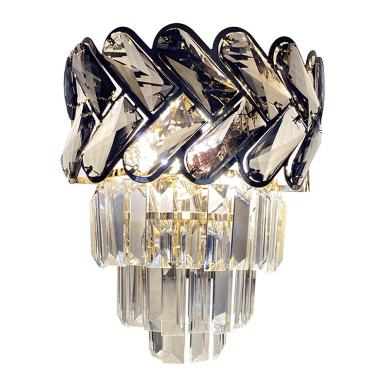 2 Lights Clear Crystal Flush Wall Sconce Modernist Black 4-Tier Tapered Family Room Wall Mounted Light