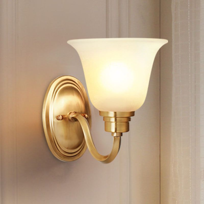 Brass Bell Wall Light Fixture Retro White Glass Shade 1-Light Living Room Wall Lamp with Arched Arm