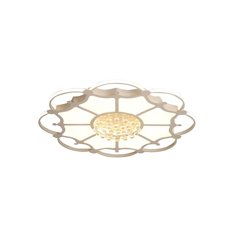 White Floral LED Ceiling Lamp Modern Acrylic Living Room Flush Mount Light with Crystal Orbs