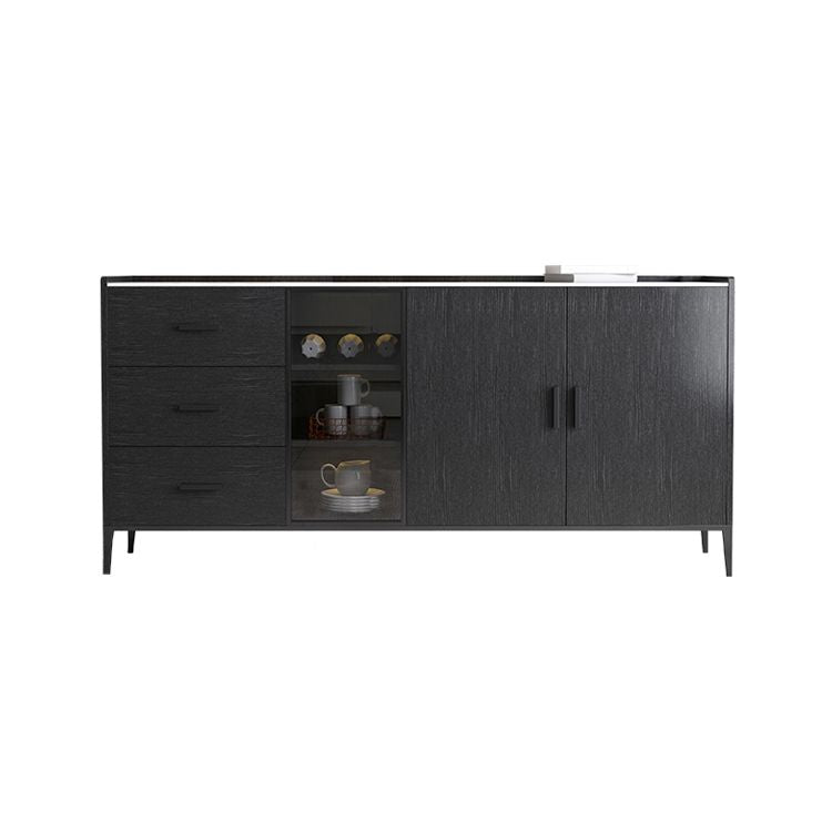 Stone Credenza Contemporary Style Glass Doors Server with Cabinets and Drawers