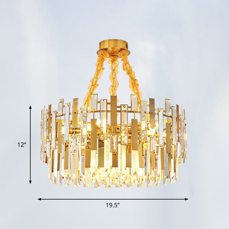 9 Heads Drum Chandelier Contemporary Gold Blocks Clear Crystal Prisms Pendant Ceiling Light