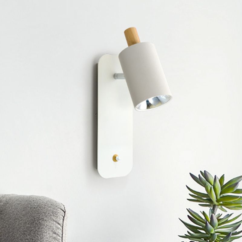 Cylindrical Wall Lighting Minimalist Metal 1 Head White/Grey Sconce Light Fixture with Wood Cap