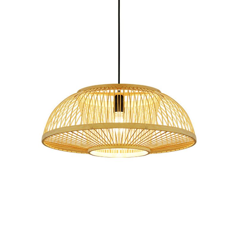 1-Light Bamboo Japanese Pendant Light Beige Down Lighting for Dining Room