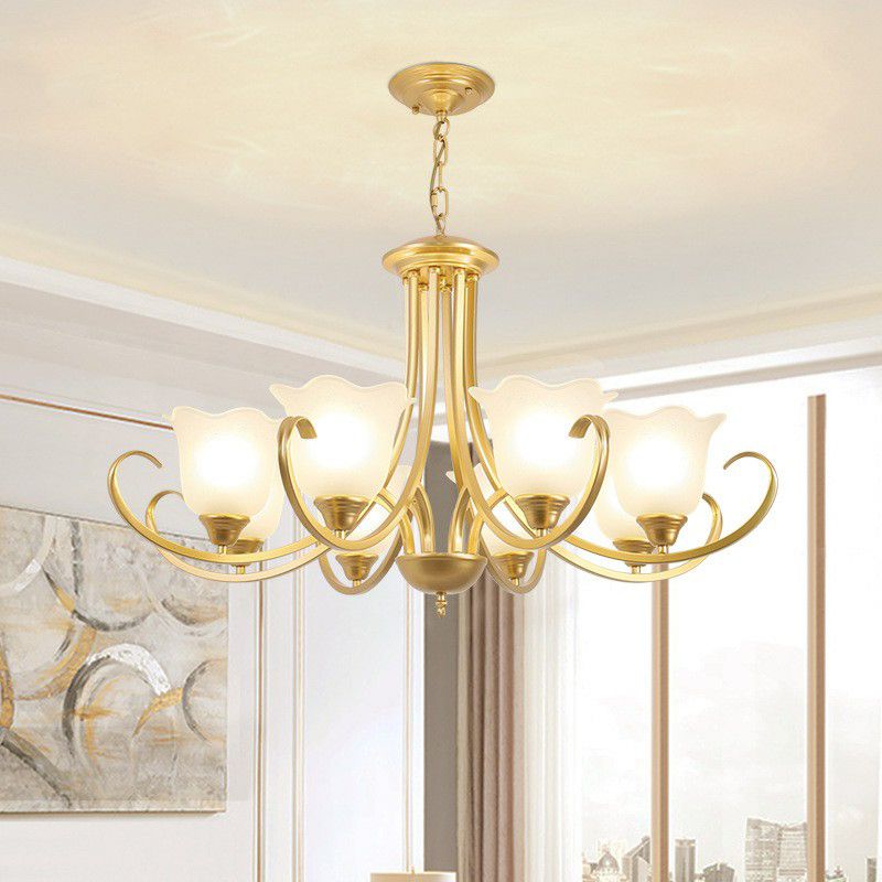 Classic Floral Chandelier Lighting Iron Pendant Light with Ruffled Cream Glass Shade