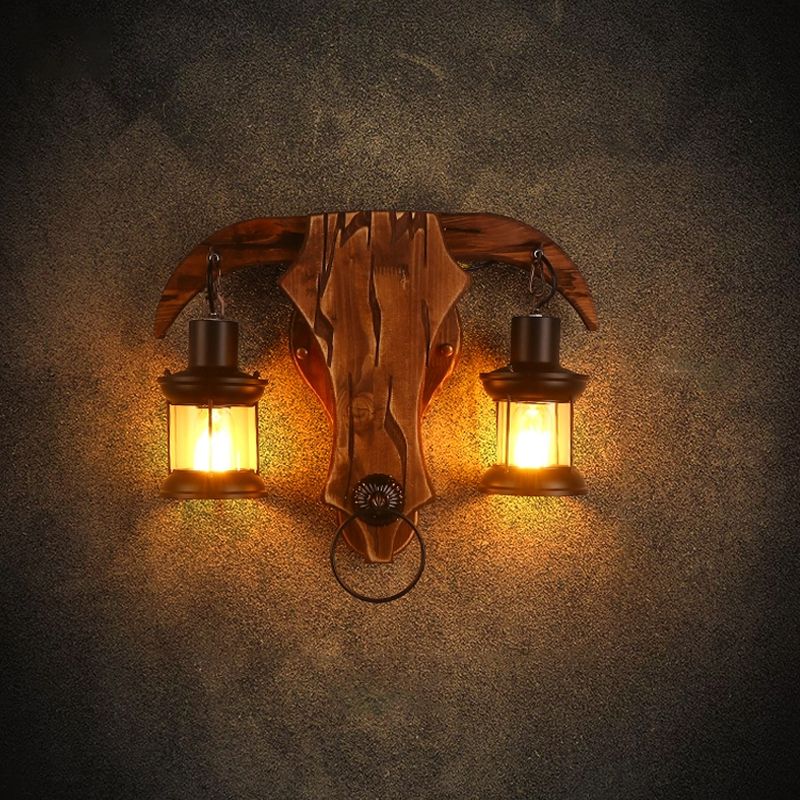 Brown Bull Shaped Sconce Wall Lighting Retro Style 2 Bulbs Wood and Metal Wall Lamp with Lantern Shade