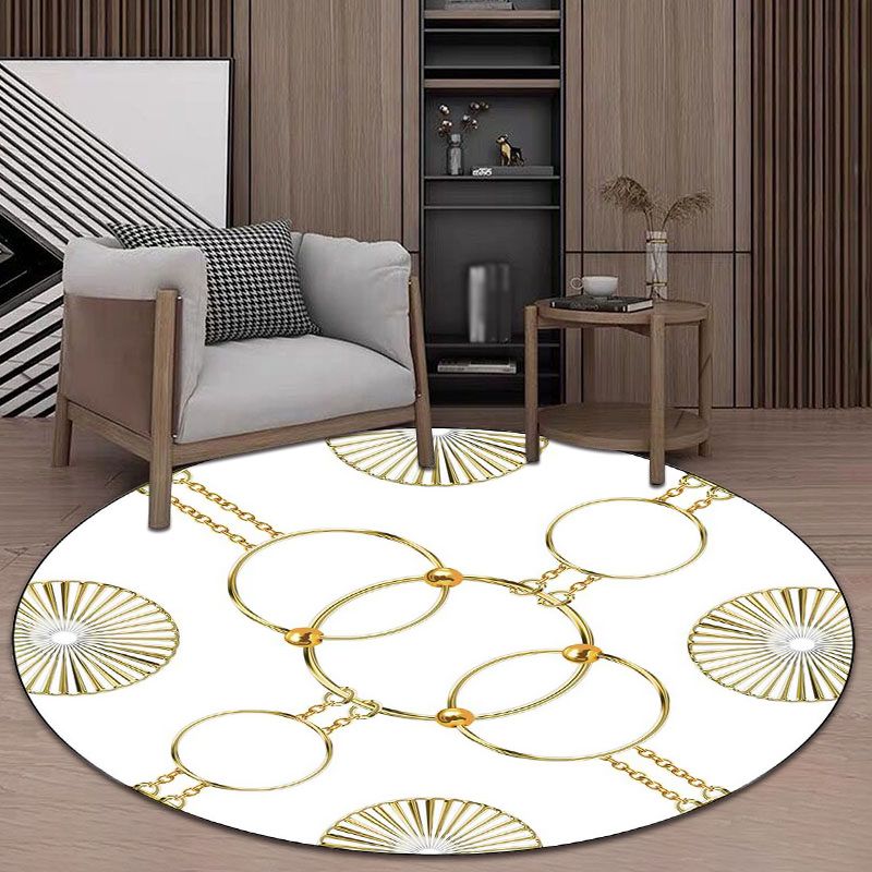 Modern Living Room Rug in White and Black Chain Circle Print Rug Polyester Machine Washable Anti-Slip Area Rug