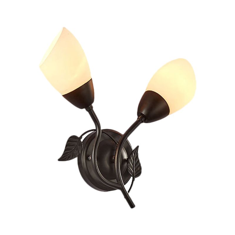 Flaring Shaped Bedside Sconce Light Fixture Vintage Faceted Glass 2-Bulb Black Wall Mount Light