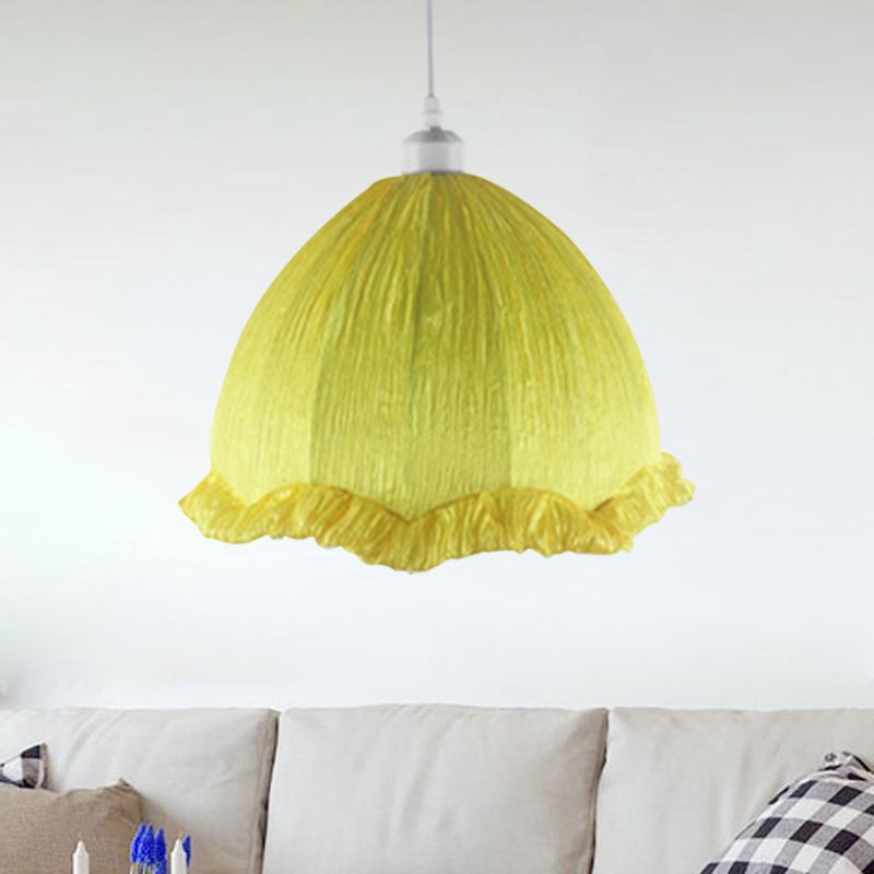 Dome Bedside Down Lighting Pendant Fabric 1 Bulb 12"/16" Wide Modern Hanging Lamp with Scalloped Trim in Yellow