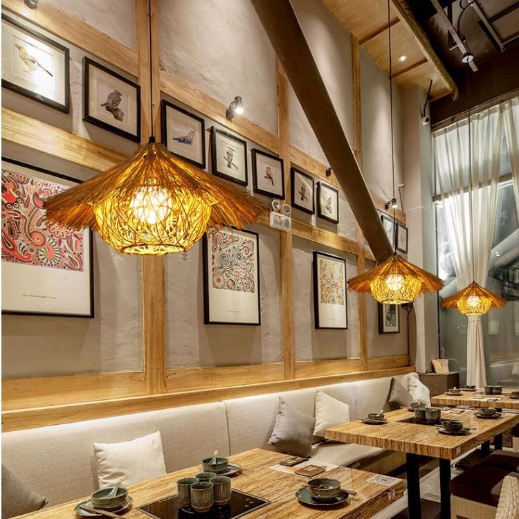 Contemporary Nest Pendant Lighting Fixture Rattan Restaurant Hanging Ceiling Light in Beige
