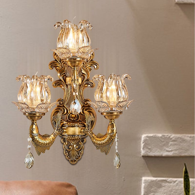 3 Heads Living Room Wall Light Vintage Brass Sconce Light Fixture with Flower Clear Glass Shade