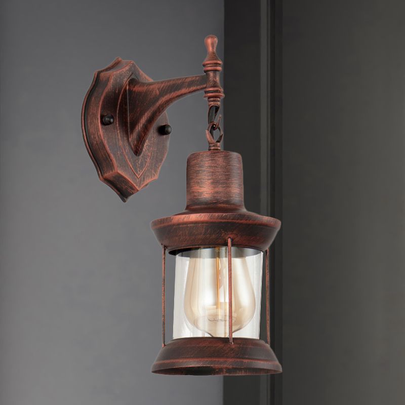 Lantern Clear Glass Wall Mounted Lamp Industrial Single Bulb Bathroom Sconce Light in Antique Copper