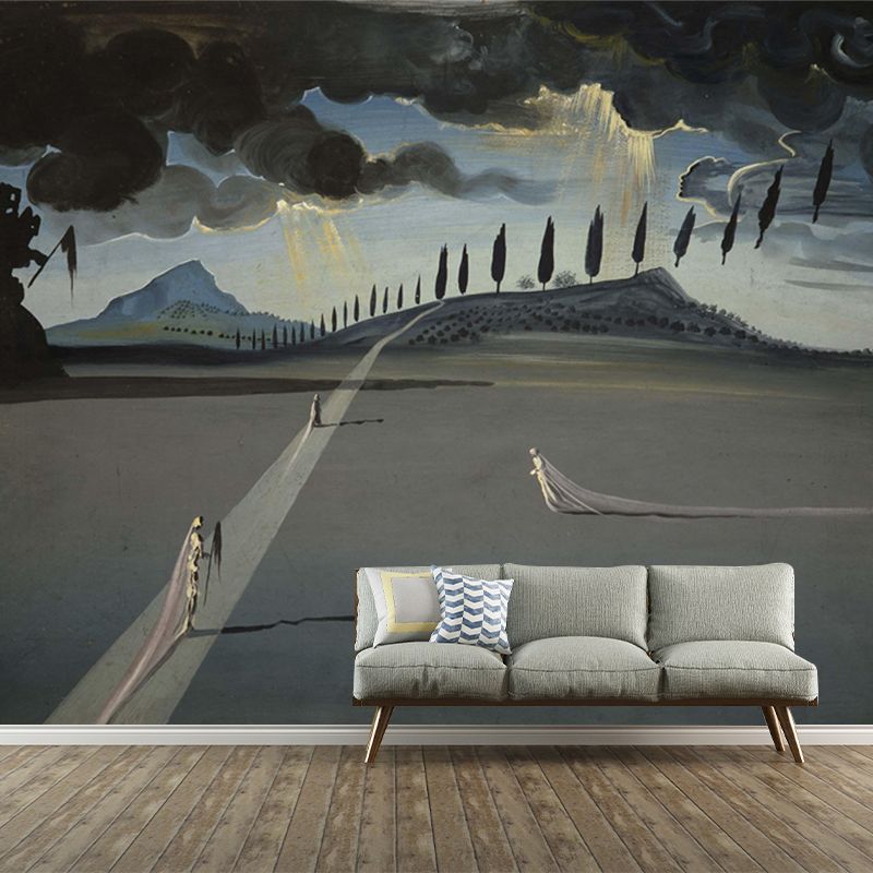Surreal Dali Artwork Mural Decal Grey Ghost Bride in Night Street Wall Covering for Home