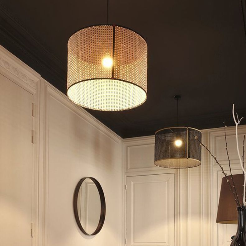 Beige Hand-Worked Pendant Chinese Style 1 Bulb Bamboo Cylindrical Hanging Light for Dining Table