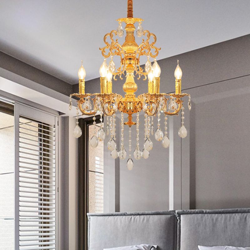 Cangolare in metallo Luffaler Lighting Vintage 6 teste Sospensione soggiorno Luce in oro con caduta di cristallo