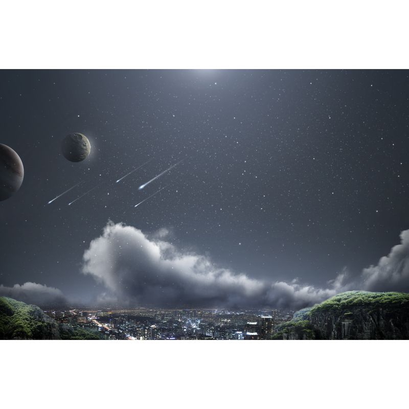 Futuristic City Meteor Shower Murals Aqua Moisture-Resistant Wall Covering for Home