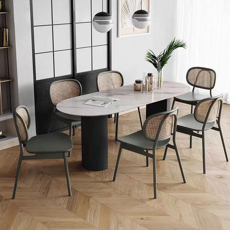 Oval gesinterde stenen eettafel moderne tafel in wit met metalen dubbele voetstuk voor restaurant