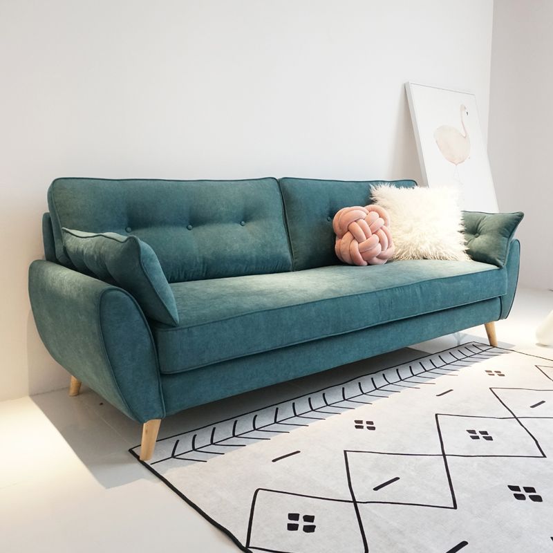 Sofa de bras carré de lin en vrac avec des jambes à épingle à cheveux couvertes.