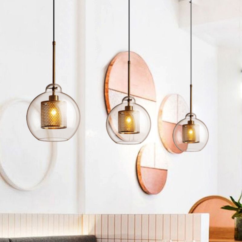 Clear Glass Orb Pendant Lighting Modernity 1 Head Hanging Ceiling Light with Inside Mesh Cage