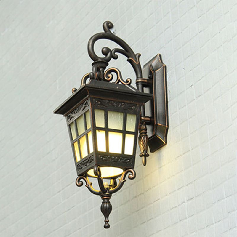 Vintage Lantern Sconce Light Single Frosted White Glass Outdoor Wall Mount with Scroll Arm in Black