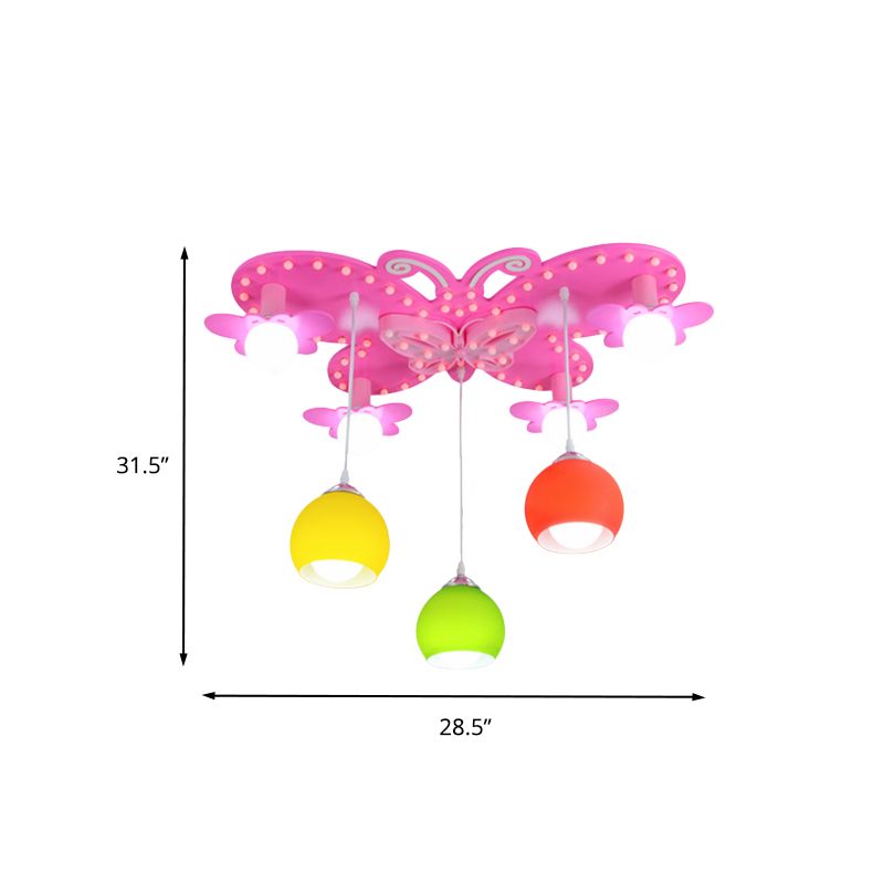 Verre de verre Colorant Éclairage Éclairage Kid 7 têtes Plafond du Mont Chandelier avec papillon Canopy en rose