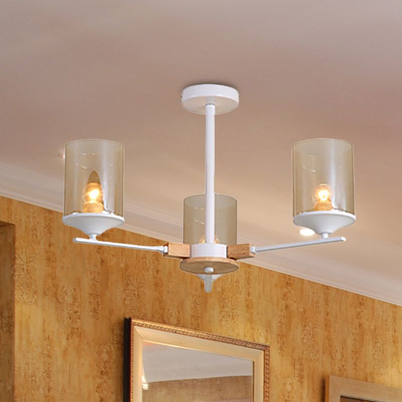 Cognac Cylinder Shade Chandelier Lighting 3/6 Heads Contemporary Wood Hanging Light for Living Room