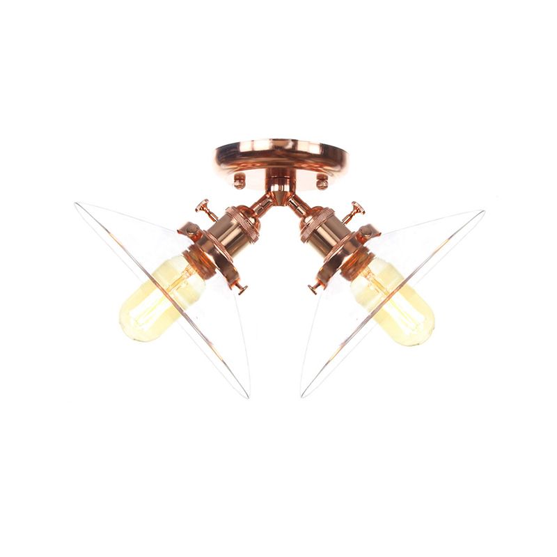 Lámpara cónica semi empotrada para restaurante, cristal transparente, 2 luces, montaje empotrado en techo, estilo Industrial, en negro/bronce
