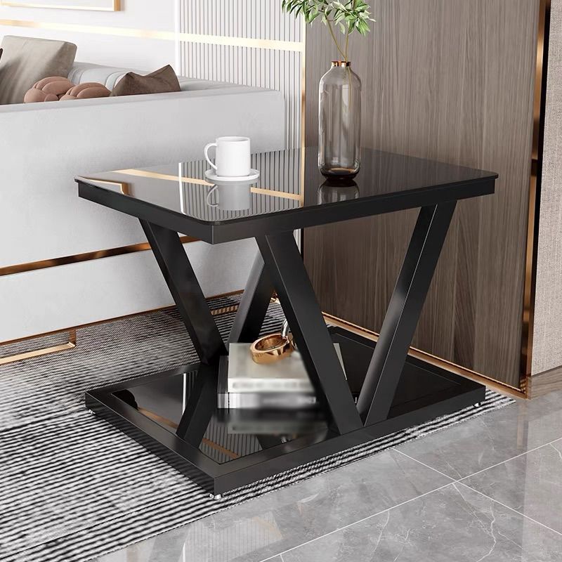 Square Block Base Metal Frame Black/white Tempered Glass Rectangular Coffee Table