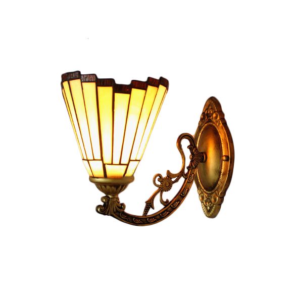 Mission Style Mini Wall Sconce Stained Glass 1 Light Wall Mounted Lamp with Curved Arm in Beige