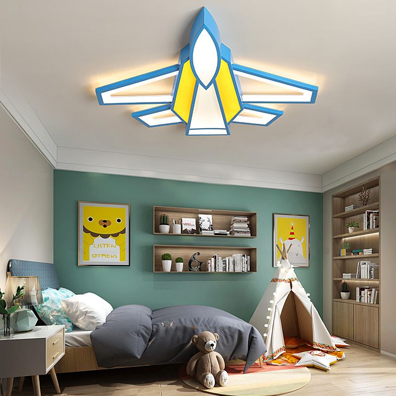 Airplane Boys Bedroom Flush Mount Light Acrylic Cartoon LED Ceiling Lamp in Blue