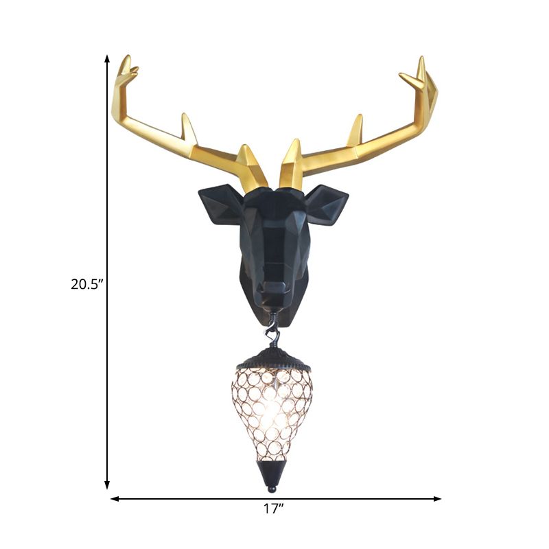 1 Light Wall Lamp Country Deer Resin Sconce Light Fixture in Black/Gold with Teardrop Crystal Shade