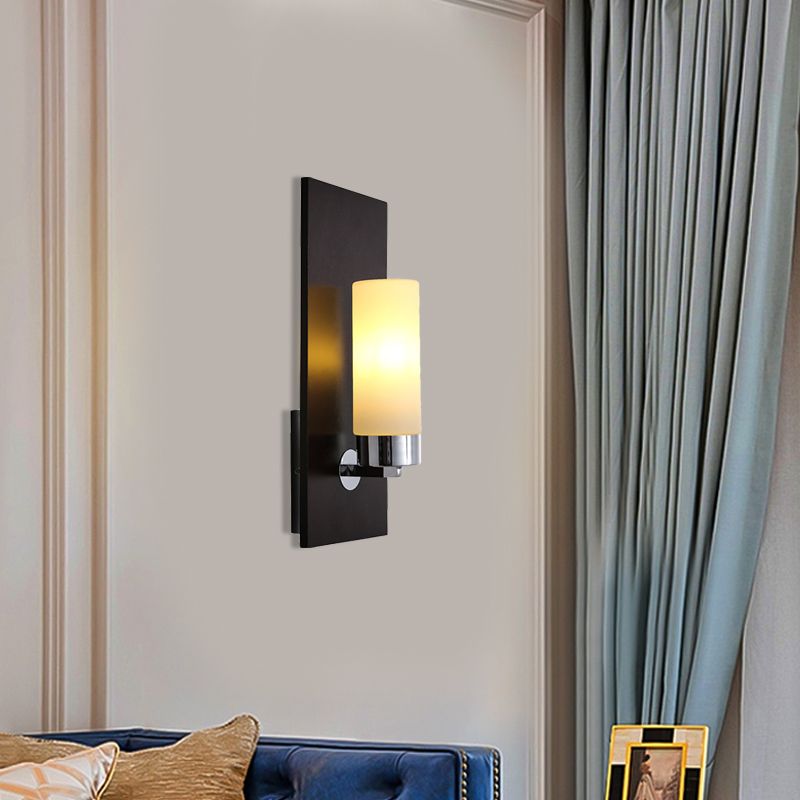 Chrome/Black Cylinder Sconce Lamp Traditional 1 Head Living Room Wall Mounted Light Fixture with Rectangular Backplate