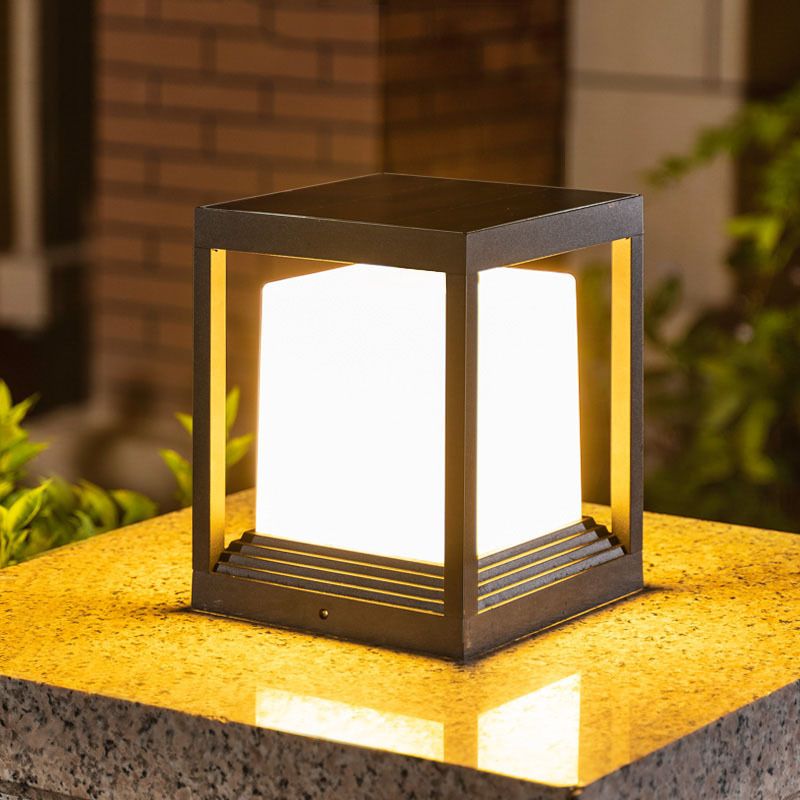 Metal Rectangular Shape Outdoor Lights Modern 1 Light Waterproof Pillar Lamp in Black