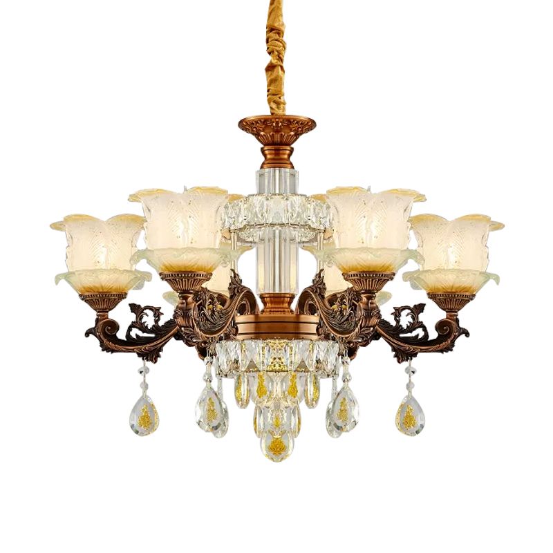Mid Century Flower Chandelier Lighting Frosted Glass 6 Lights Living Room Pendulum Lamp in Brown