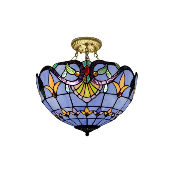Victorian Designed Ceiling Fixture Tiffany Stylish Beige/Red/Orange/Brown/Blue/Purplish Blue Glass Semi Flush Ceiling Light for Study Room