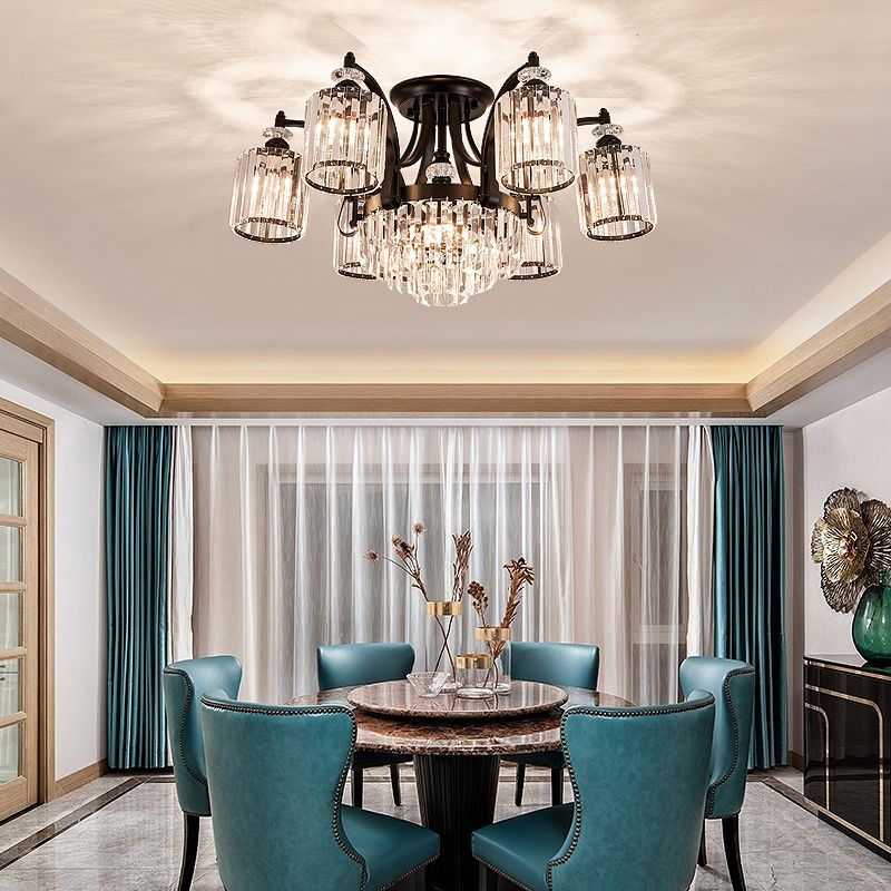 Zylindrisch Kristall Flush Mount Modern Modernes Esszimmer halb Flush Deckenleuchte in Schwarz