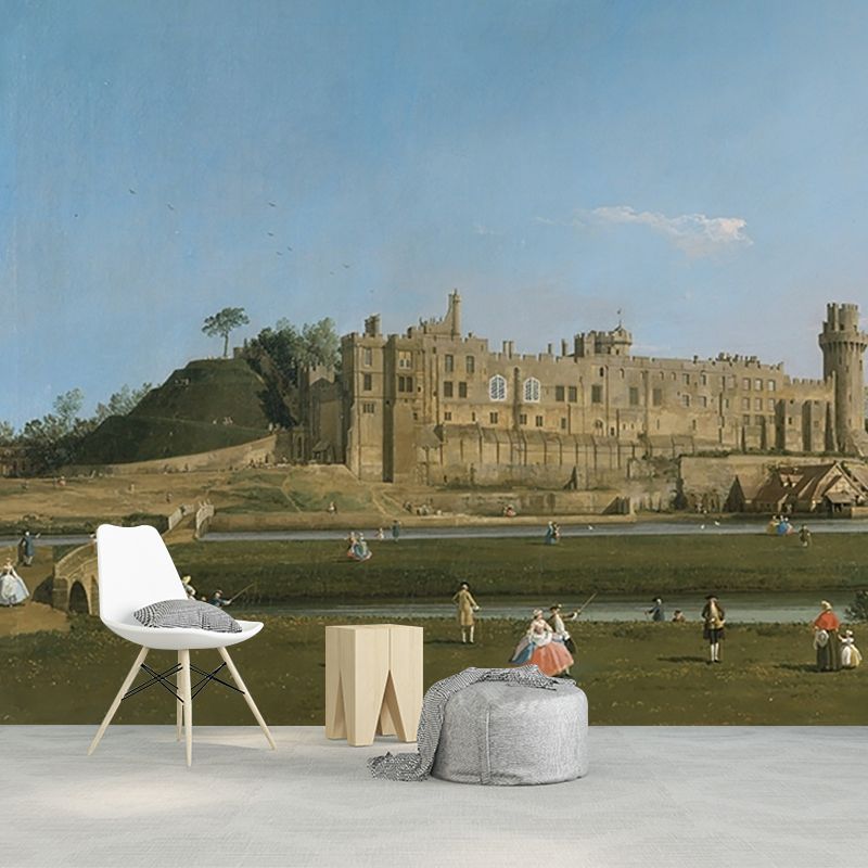 Canaletto Warwick Castle Painting Murals for Bedroom Full Size Wall Decor in Blue-Green