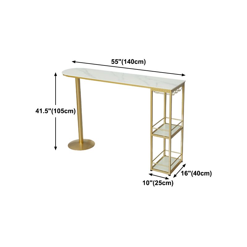 Glam White Stone Bar Dining Table Gold Iron Double Pedestal Bistro Table with Shelve