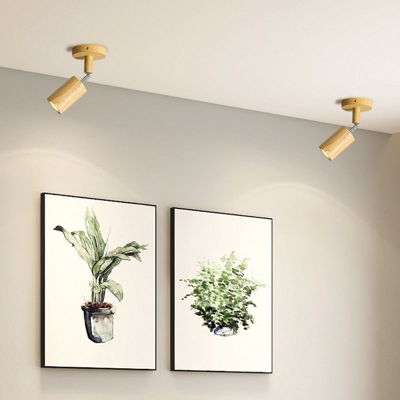 Modern Wood Flush Mount Cylinder Shape Ceiling Light with Glass Shade for Living Room